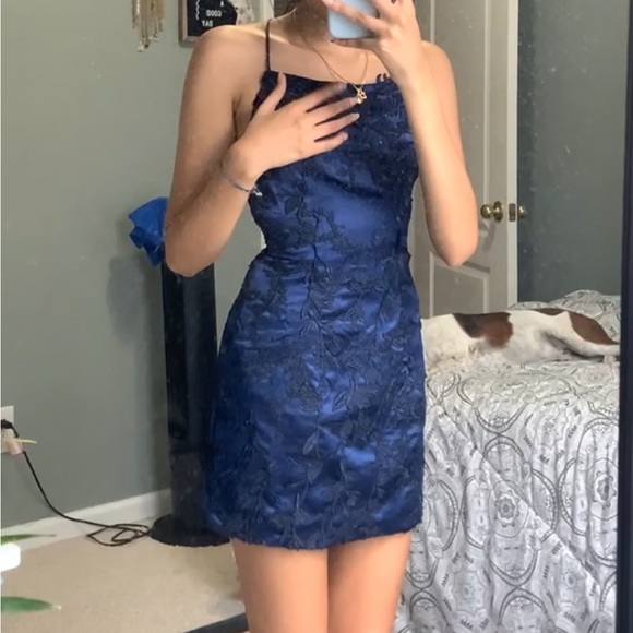 blue glitter metallic tie back dress Blue Sequin Dress - Tie-Back Bodycon - Sequin Mini Dress